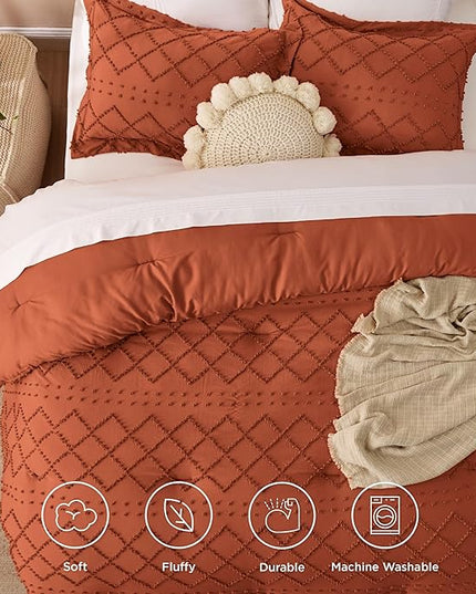 Bedsure King Size Comforter Set - Terracotta Comforter, Boho Tufted Shabby Chic Bedding Comforter Set, 3 Pieces Farmhouse Bed Set for All Seasons, Fluffy Soft Bedding Set with 2 Pillow Shams - LeafyLoom