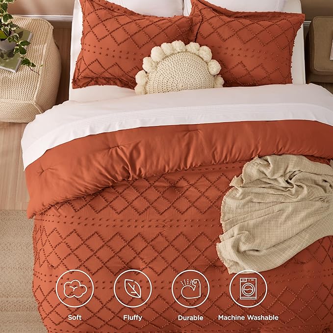 Bedsure Full Size Comforter Set - Terracotta Comforter, Boho Tufted Shabby Chic Bedding Comforter Set, 3 Pieces Vintage Farmhouse Bed Set for All Seasons, Fluffy Bedding Set with 2 Pillow Shams - LeafyLoom
