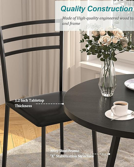VECELO Round Dining Table with Steel Frame for 2-4 People, Space Saving for Home, Kitchen, Apartment, Black - LeafyLoom