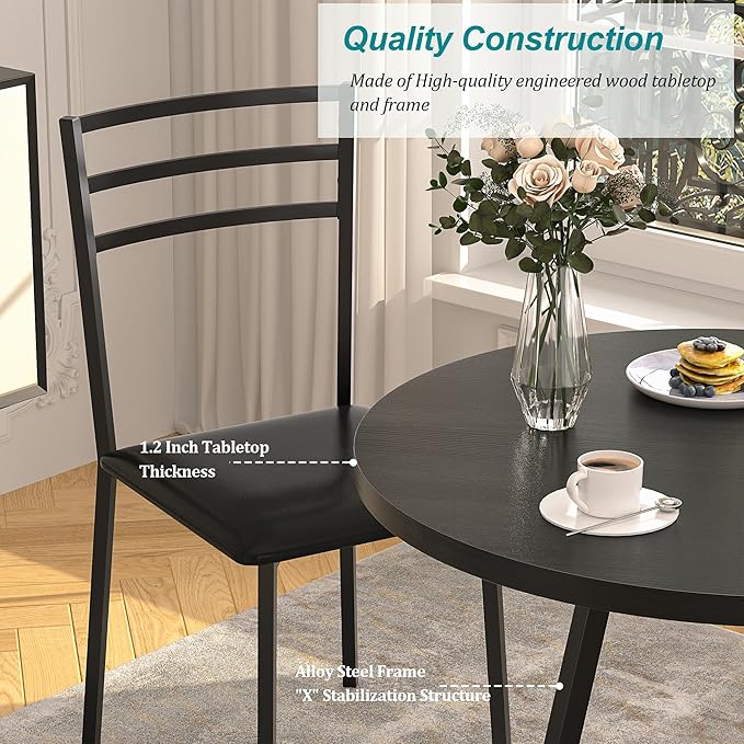 VECELO Round Dining Table with Steel Frame for 2-4 People, Space Saving for Home, Kitchen, Apartment, Black - LeafyLoom
