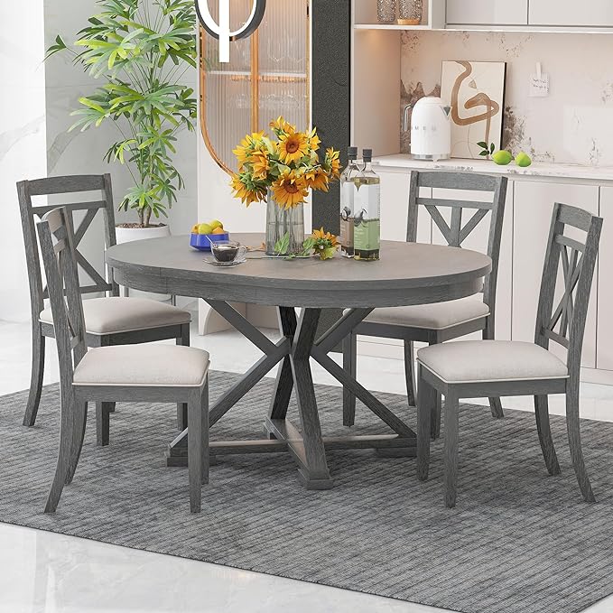 NicBex Dining Table for 4 Kitchen Table and Chairs 5-Piece Retro Functional Dining Table Set Extendable Round Table and 4 Upholstered Chairs for Dining Room and Living Room, Grey - LeafyLoom