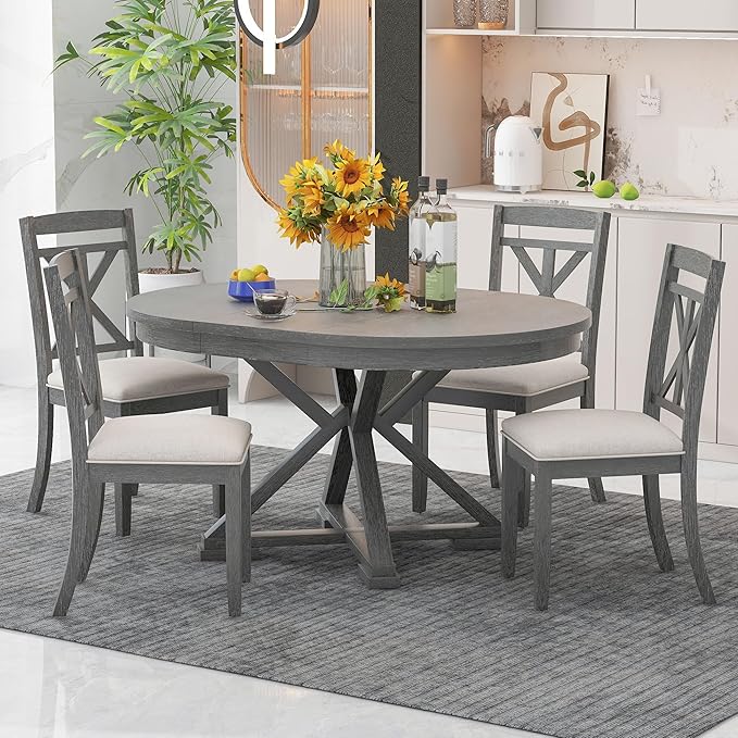 5-Piece Extendable Dining, Functional Retro Style Round Table Set with 4 Upholstered Chairs for Kitchen Living Room, Gray - LeafyLoom