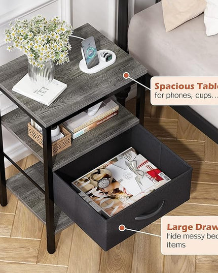 SUPERJARE Nightstand Set of 2, Bed Side Tables with Charging Station, Adjustable Fabric Drawer, Night Stand for Bedroom, 3-Tier Storage End Tables, for Living Room - Charcoal Gray - LeafyLoom