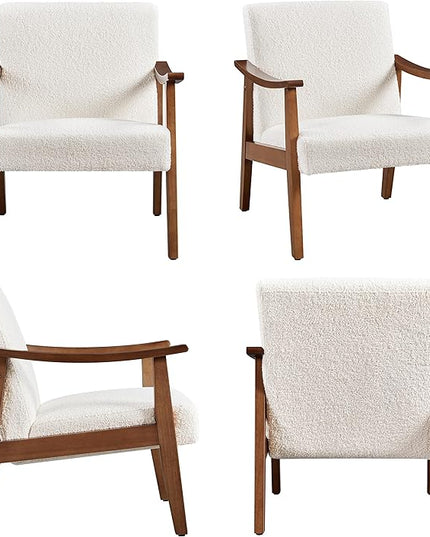 Yaheetech Fabric Accent Chair, Mid-Century Modern Armchair with Solid Wood Legs, Reading Leisure Chair with High Back for Living Room Bedroom Waiting Room,Ivory - LeafyLoom