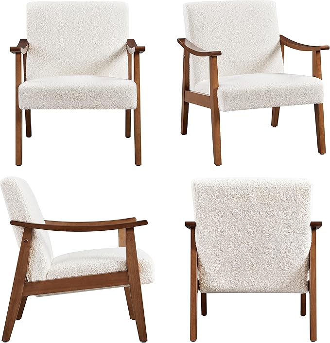 Yaheetech Fabric Accent Chair, Mid-Century Modern Armchair with Solid Wood Legs, Reading Leisure Chair with High Back for Living Room Bedroom Waiting Room,Ivory - LeafyLoom