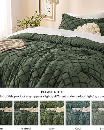 Bedsure King Size Comforter Set - Olive Green Comforter, Boho Tufted Shabby Chic Bedding Comforter Set, 3 Pieces Farmhouse Bed Set for All Seasons, Fluffy Soft Bedding Set with 2 Pillow Shams - LeafyLoom