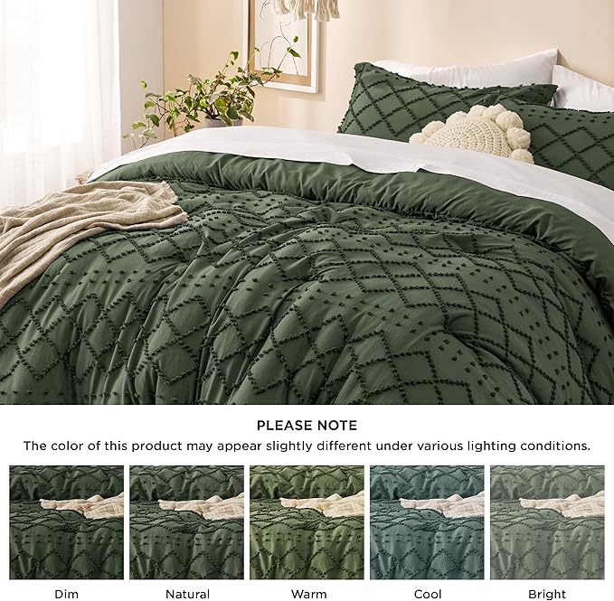 Bedsure Queen Comforter Set - Olive Green Comforter, Boho Tufted Shabby Chic Bedding Comforter Set, 3 Pieces Vintage Farmhouse Bed Set for All Seasons, Fluffy Soft Bedding Set with 2 Pillow Shams - LeafyLoom