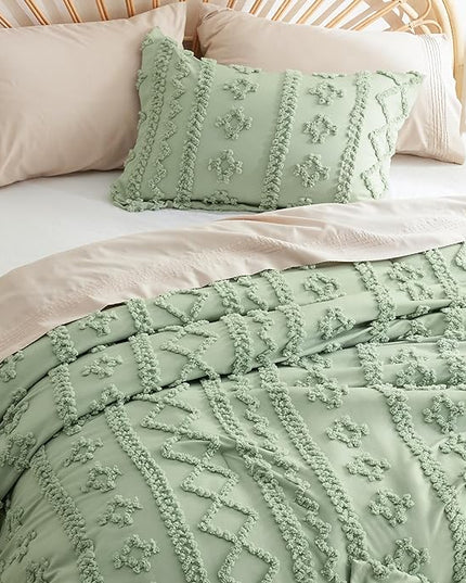 Bedsure Twin/Twin XL Comforter Set Dorm Bedding - Sage Green Boho Bedding Comforter Set, 2 Pieces Farmhouse Shabby Chic Embroidery Bed Set, Soft Jacquard Tufted Comforter for College - LeafyLoom