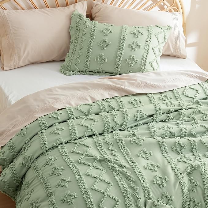 Bedsure Twin/Twin XL Comforter Set Dorm Bedding - Sage Green Boho Bedding Comforter Set, 2 Pieces Farmhouse Shabby Chic Embroidery Bed Set, Soft Jacquard Tufted Comforter for College - LeafyLoom