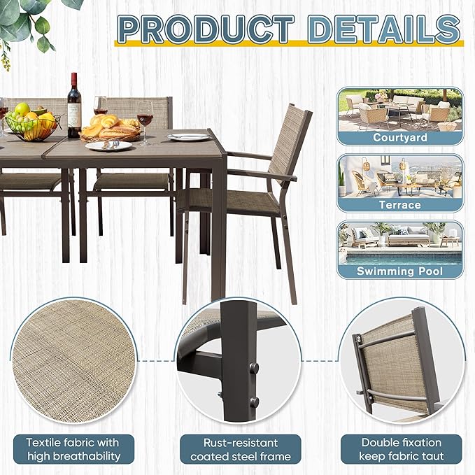 JUMMICO Outdoor Dining Set 7 Piece Patio Furniture Set with Weather Resistant Table and 6 Textilene Chairs for Yard, Deck and Poolside (Brown) - LeafyLoom