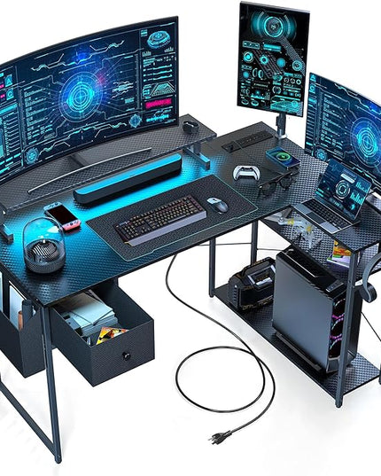 Gaming Desk, 47 inch L Shaped Gaming Desk, Computer Desk with LED Lights & Adjustable Stand, Power Outlets, Storage Drawer, Reversible Gaming Desk with Shelves, Hook, Black Carbon Fiber - LeafyLoom