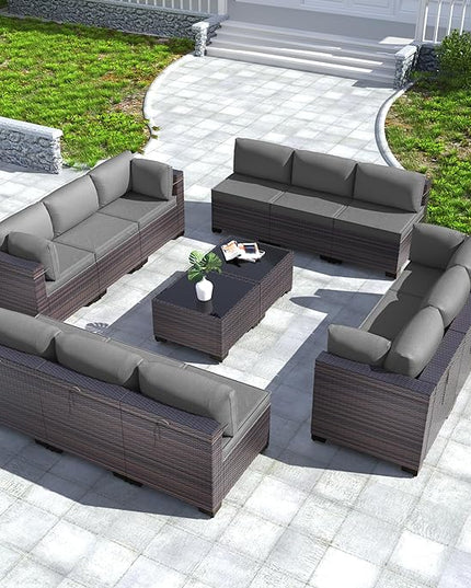 Kullavik 14PCS Outdoor Patio Furniture Set PE Wicker Rattan Sectional Sofa Patio Conversation Sets,Grey - LeafyLoom