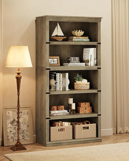 GAOMON 5 Tier Bookcase, Farmhouse Book shelf with Storage Open Display Bookshelves, 67.4" Tall Book Case Wooden 5 Shelf Bookcase Home Decor Furniture for Home Office, Living Room, Bed Room - Grey - LeafyLoom