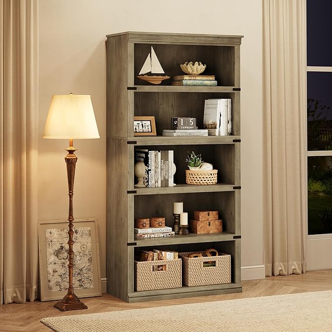 GAOMON 5 Tier Bookcase, Farmhouse Book shelf with Storage Open Display Bookshelves, 67.4" Tall Book Case Wooden 5 Shelf Bookcase Home Decor Furniture for Home Office, Living Room, Bed Room - Grey - LeafyLoom