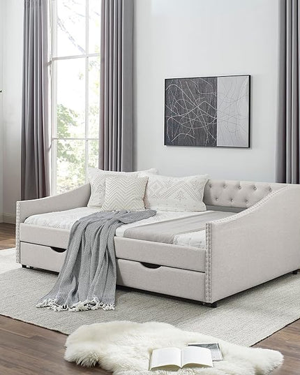 Full Size Upholstered Daybed with Two Storage Trundle Drawers, Solid Wooden Bed Frame w/Button Tufted Backrest, No Box Spring Needed, for Kids, Bedroom, Dorm, Beige-3 - LeafyLoom