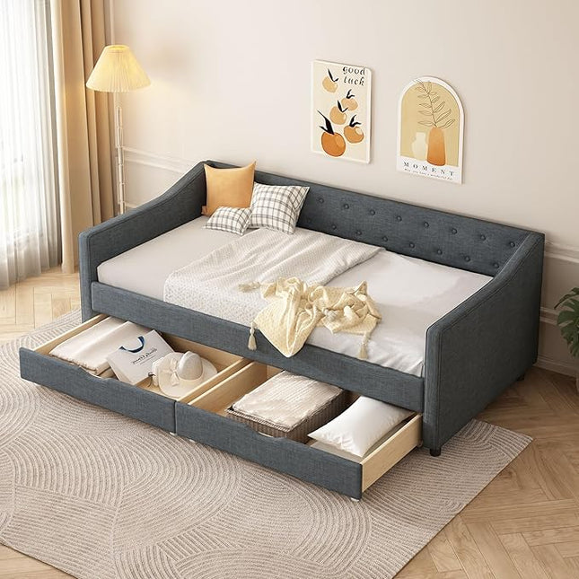 Twin Size Daybed with Drawers, Linen Upholstered Tufted Sofa Bedframe with Button on Back, Waved Shape Arms, Wooden Slats Support, for Apartment,Bedroom, Dark Grey - LeafyLoom