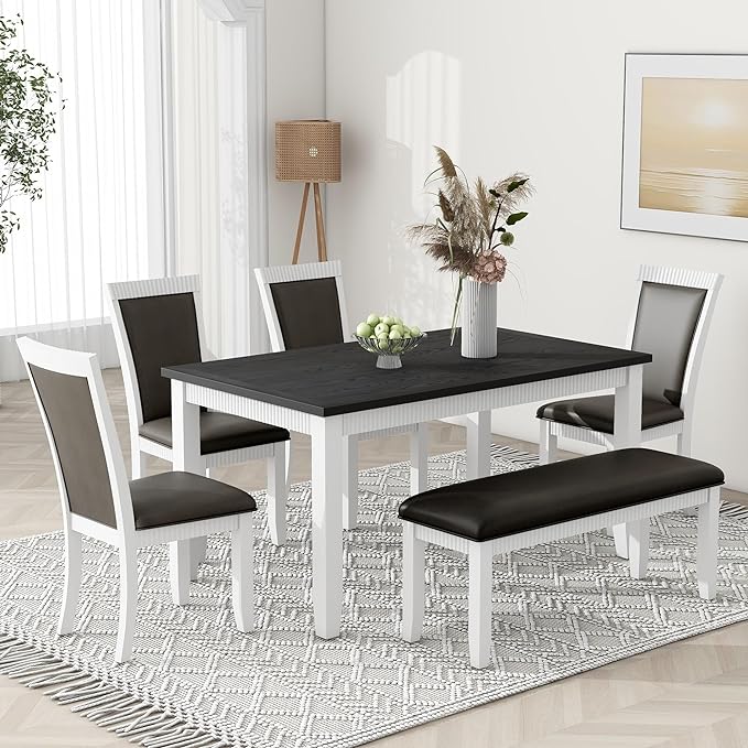 6-Piece Wood Dining Table Set with 4 Upholstered Chairs and Bench, for Kitchen Living Room, Farmhouse Rustic Style, 60" L x 36" W x 30" H, White+Gray(PU Leather) - LeafyLoom