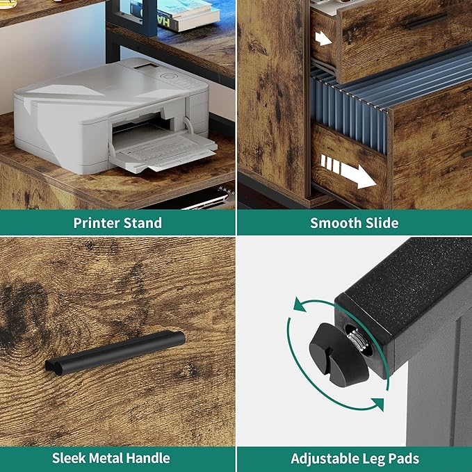 YITAHOME L Shaped Desk with Power Outlets & Hutch, Computer Desk with Drawers & LED Lights, Reversible Corner Office Desk with Printer Stand for Home Office, Rustic Brown - LeafyLoom