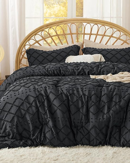 Bedsure Full Size Comforter Set - Black Comforter, Boho Tufted Shabby Chic Bedding Comforter Set, 3 Pieces Vintage Farmhouse Bed Set for All Seasons, Fluffy Soft Bedding Set with 2 Pillow Shams - LeafyLoom