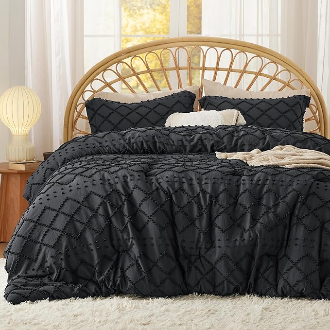 Bedsure Full Size Comforter Set - Black Comforter, Boho Tufted Shabby Chic Bedding Comforter Set, 3 Pieces Vintage Farmhouse Bed Set for All Seasons, Fluffy Soft Bedding Set with 2 Pillow Shams - LeafyLoom