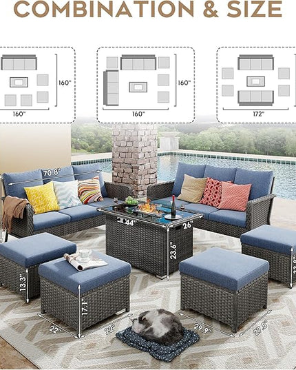 Yechen Patio Conversation Set 10 Seats with 44" Propane Gas Fire Pit Table - 7 Pcs Outdoor Wicker Furniture Set with Lid & Wind Shields - Sectional Sofa Set for Porch,Backyard - LeafyLoom