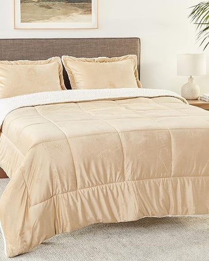 Cathay Home Bedding Sets: Ultra Soft and Plush Reversible Micromink and Sherpa 3-Piece Comforter Set, Camel, Queen (90" x 90") - LeafyLoom
