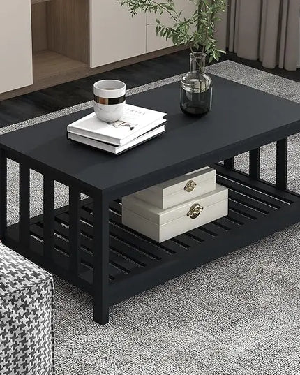 TaoHFE Black Coffee Tables for Living Room Modern Coffee Table Set 40 Inch 2-Tier Wooden Living Room Table Rectangular Center Table with Storage Shelf Furniture for Living Room, Meeting Room, Office - LeafyLoom