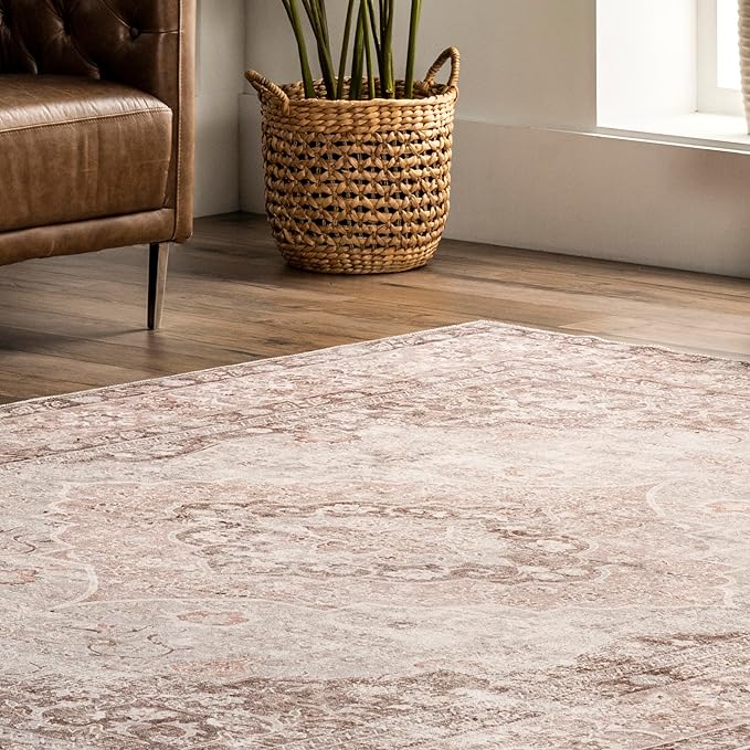 nuLOOM Elsa Floral Blossom Machine Washable Ultra Thin Area Rug, 5' x 8', Beige - LeafyLoom