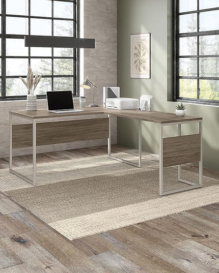 Bush Business Furniture Hybrid 60-inch W L-Shaped Table Desk with Metal Legs, Modern Hickory (HYB027MH) - LeafyLoom