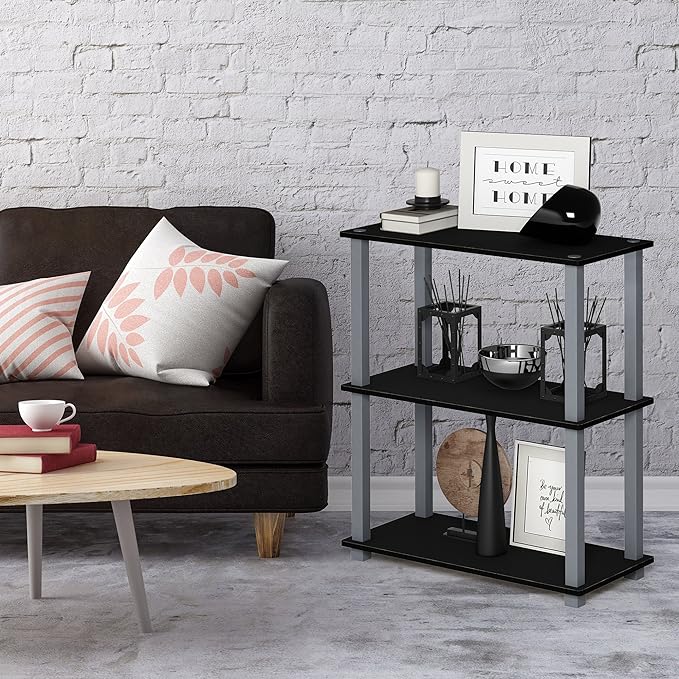 Furinno Turn-S-Tube 3-Tier Compact Multipurpose Shelf Display Rack with Square Tube, Black/Grey - LeafyLoom