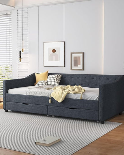 Twin Size Upholstered Daybed with 2 Drawers,Wood Sofa Bed Frame W/Button Tufted Backrest and Waved Shape Arms,Slats Support,Linen Fabric Day Bed,for Bedroom,Living Room,Apartment,Dark Gray - LeafyLoom