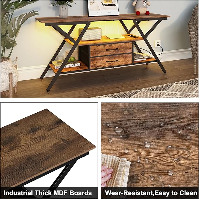 Modern 55" TV Stand with Power Outlet for TV up to 65 Inch, LED and 2 Storage Fabric Drawers, Entertainment Center with Charging Station for Living Room Bedroom (Rustic Brown) - LeafyLoom