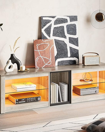 Bestier TV Stand for 70 inch TV, Gaming Entertainment Center for PS5, LED TV Cabinet with Glass Shelves for Living Room, 63'' Inch, White Wash - LeafyLoom