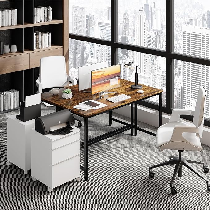 Shintenchi 55 inch Computer Desk, Study Workstation Modern Simple Design for Home Office, Student Writing Desk, Office Working Desk, Vintage Brown - LeafyLoom