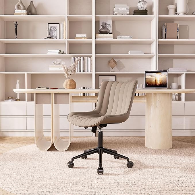 YOUNIKE Office Chair Swivel Desk Chair Upholstered Faux Leather Height Adjustable with Wheels Computer Task Chair Modern Rolling Armless Ergonomic High Back, Khaki, Loads 300 lbs - LeafyLoom