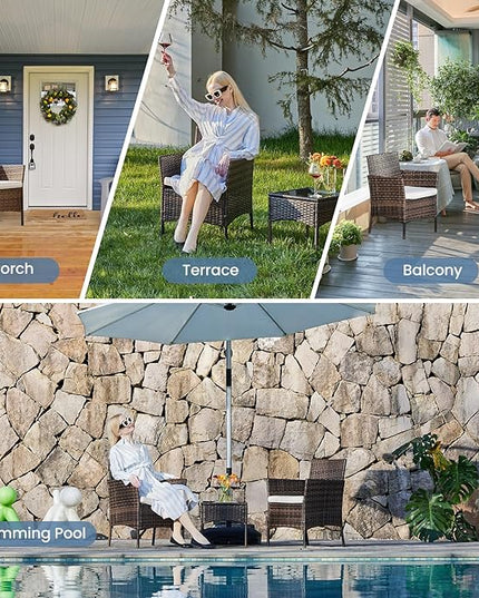 DUMOS Set 3 Pieces Outdoor Furniture with Soft Cushion and Glass Table, All Weather Manual Weaving Wicker Rattan Patio Chairs for Garden, Terrace, Porch, Lawns, Brown - LeafyLoom