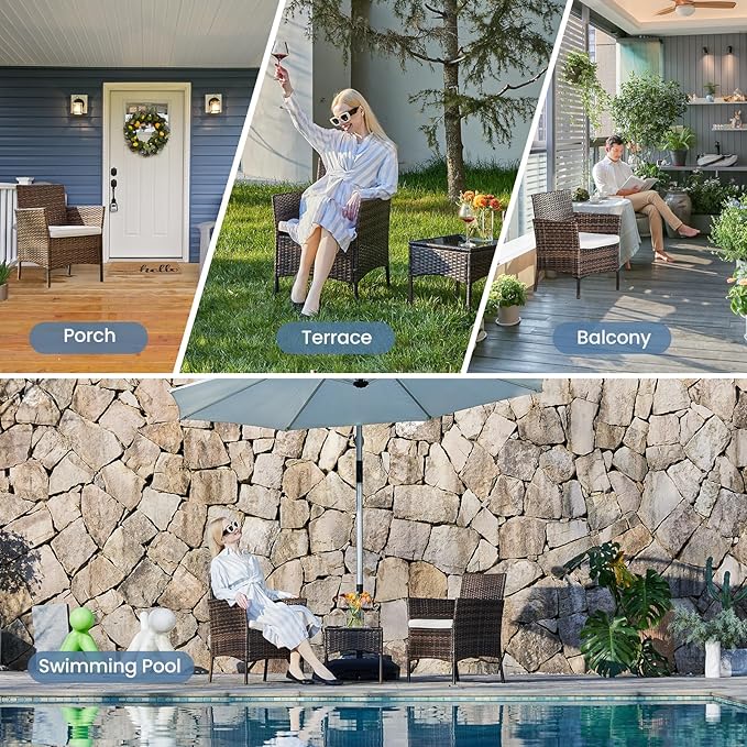 DUMOS Set 3 Pieces Outdoor Furniture with Soft Cushion and Glass Table, All Weather Manual Weaving Wicker Rattan Patio Chairs for Garden, Terrace, Porch, Lawns, Brown - LeafyLoom