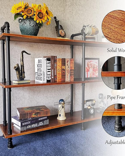 3 Tier Long Industrial Bookshelf, 3 Realwood Industrial Pipe Bookshelf for Living Room, Entry, Office (Rustic Brown, 60" L x 11.8" W x 39" H) - LeafyLoom