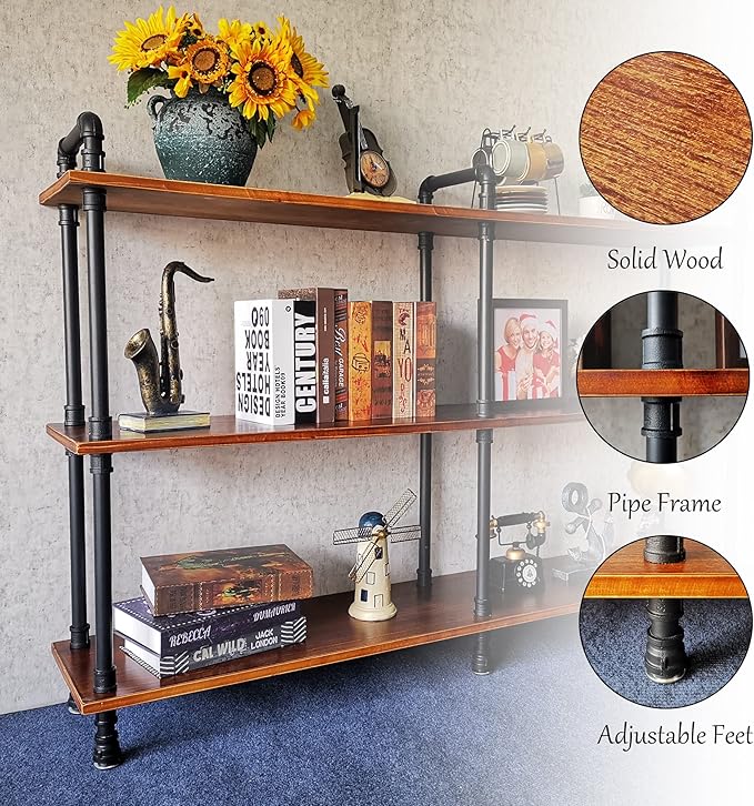 3 Tier Long Industrial Bookshelf, 3 Realwood Industrial Pipe Bookshelf for Living Room, Entry, Office (Rustic Brown, 60" L x 11.8" W x 39" H) - LeafyLoom