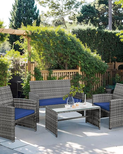 Shintenchi 4-Piece Outdoor Gray Wicker Patio Conversation Furniture Set, Rattan Patio Furniture Set with Weather Resistant Cushions and Tempered Glass Tabletop,Navy Blue - LeafyLoom