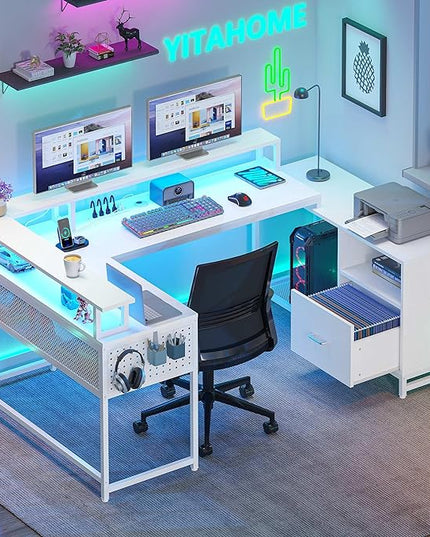 YITAHOME U Shaped Desk, L Shaped Desk with Drawers, Reversible Computer Desk with Power Outlets & LED Lights, Corner Desk Office Desk with Monitor Stand & Storage Shelves, White - LeafyLoom