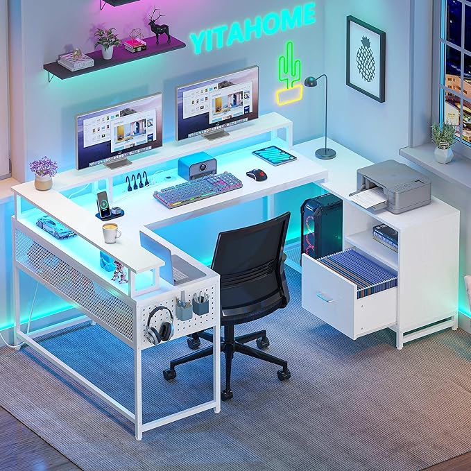 YITAHOME U Shaped Desk, L Shaped Desk with Drawers, Reversible Computer Desk with Power Outlets & LED Lights, Corner Desk Office Desk with Monitor Stand & Storage Shelves, White - LeafyLoom