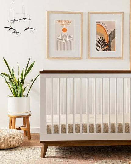 Babyletto Scoot 3-in-1 Convertible Crib with Toddler Bed Conversion Kit in White and Natural Walnut, Greenguard Gold Certified - LeafyLoom