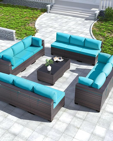 Kullavik 14PCS Outdoor Patio Furniture Set PE Wicker Rattan Sectional Sofa Patio Conversation Sets,Blue - LeafyLoom