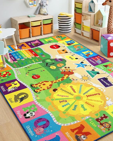 Chicrug Educational Kid Area Rug for Playroom, 6x9 Feet TPR Non Slip Kids Classroom Carpet Rug for Learning ABC Animal, Shape Color Fruit, Washable Play Mat Rug for Children Nursery Toddler Room Decor - LeafyLoom