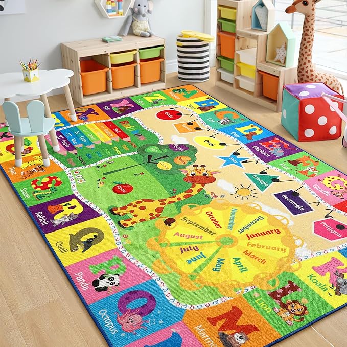 Chicrug Educational Kid Area Rug for Playroom, 6x9 Feet TPR Non Slip Kids Classroom Carpet Rug for Learning ABC Animal, Shape Color Fruit, Washable Play Mat Rug for Children Nursery Toddler Room Decor - LeafyLoom