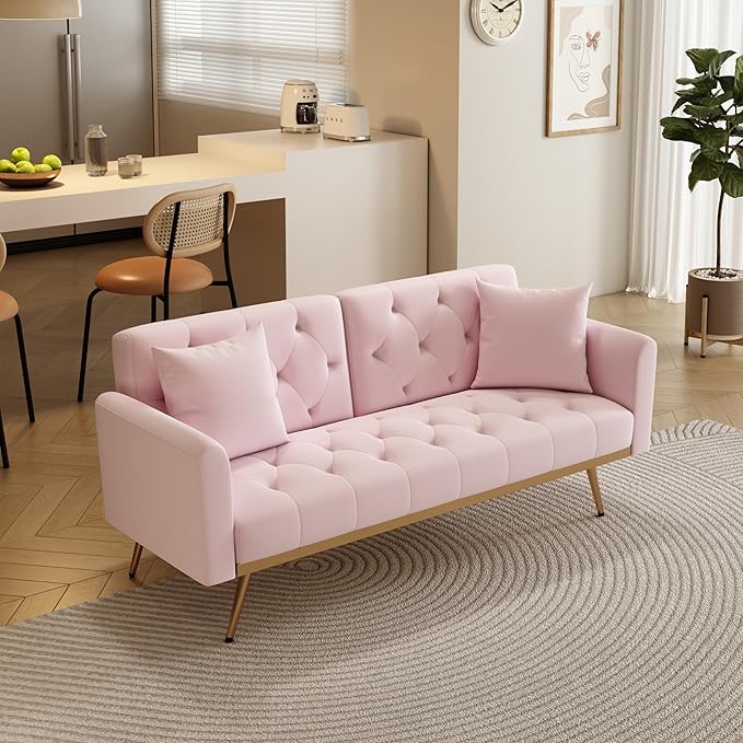 NicBex Sectional Couch Sofa with Throw Pillows Velvet Sofa Bed Cloud Couch for Living Room Furniture Sets with Metal Legs, Modular Sofa for Living Room, Bedroom, Apartment,68.3" L, Pink - LeafyLoom