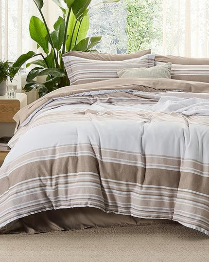 Bedsure Brown Twin Size Comforter Sets 5 Pieces - Striped Beddding sets, Bed in a Bag Twin with Comforter, Fitted Sheet, Flat Sheet, Pillowcase & Shams - LeafyLoom