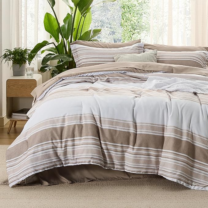Bedsure Brown Twin Size Comforter Sets 5 Pieces - Striped Beddding sets, Bed in a Bag Twin with Comforter, Fitted Sheet, Flat Sheet, Pillowcase & Shams - LeafyLoom