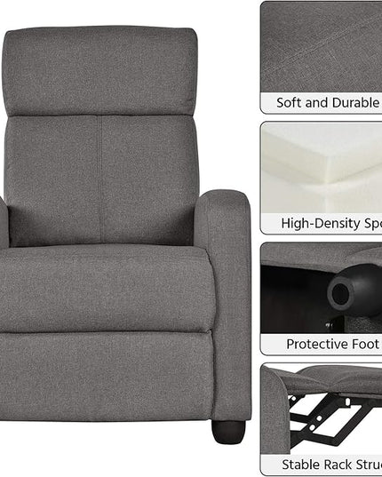 Yaheetech Fabric Recliner Chair Sofa Ergonomic Adjustable Single Sofa with Thicker Seat Cushion Modern Home Theater Seating for Living Room Matte Grey - LeafyLoom